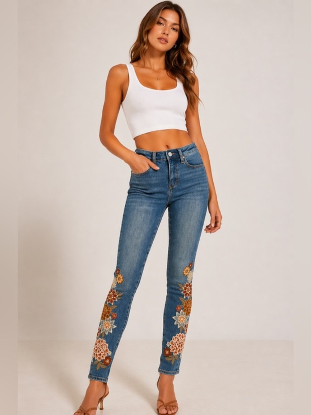 Driftwood Jackie Embroidered Floral Skinny Jeans Boho High Rise W24 NWT
